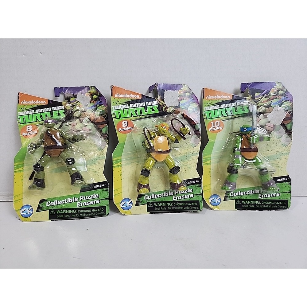 Lot Of 3 TMNJ Teenage Mutant Ninja Turtles  Collectible Puzzle Erasers Box Wear
